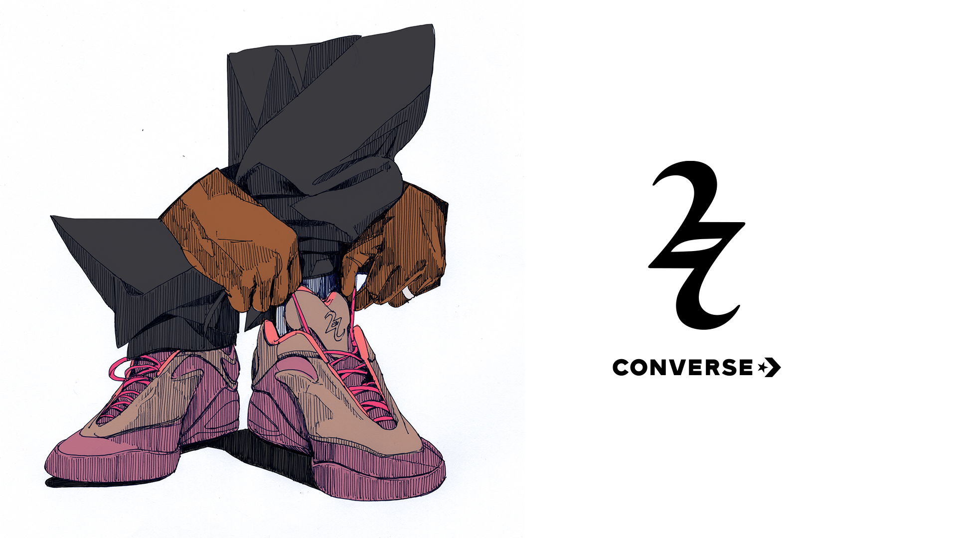 Person tying pink Converse shoes with a logo on the side.