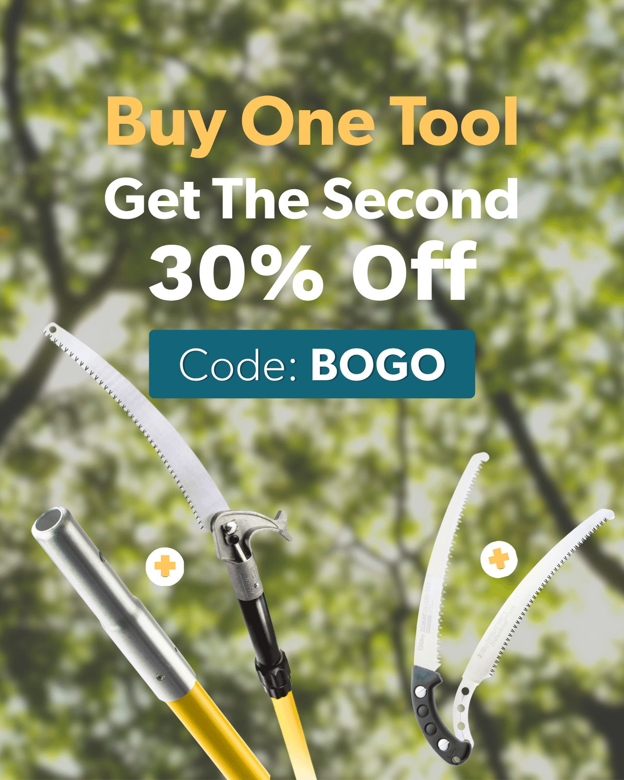 Promotional image for tools with discount code BOGO. Buy one, get second 30% off.