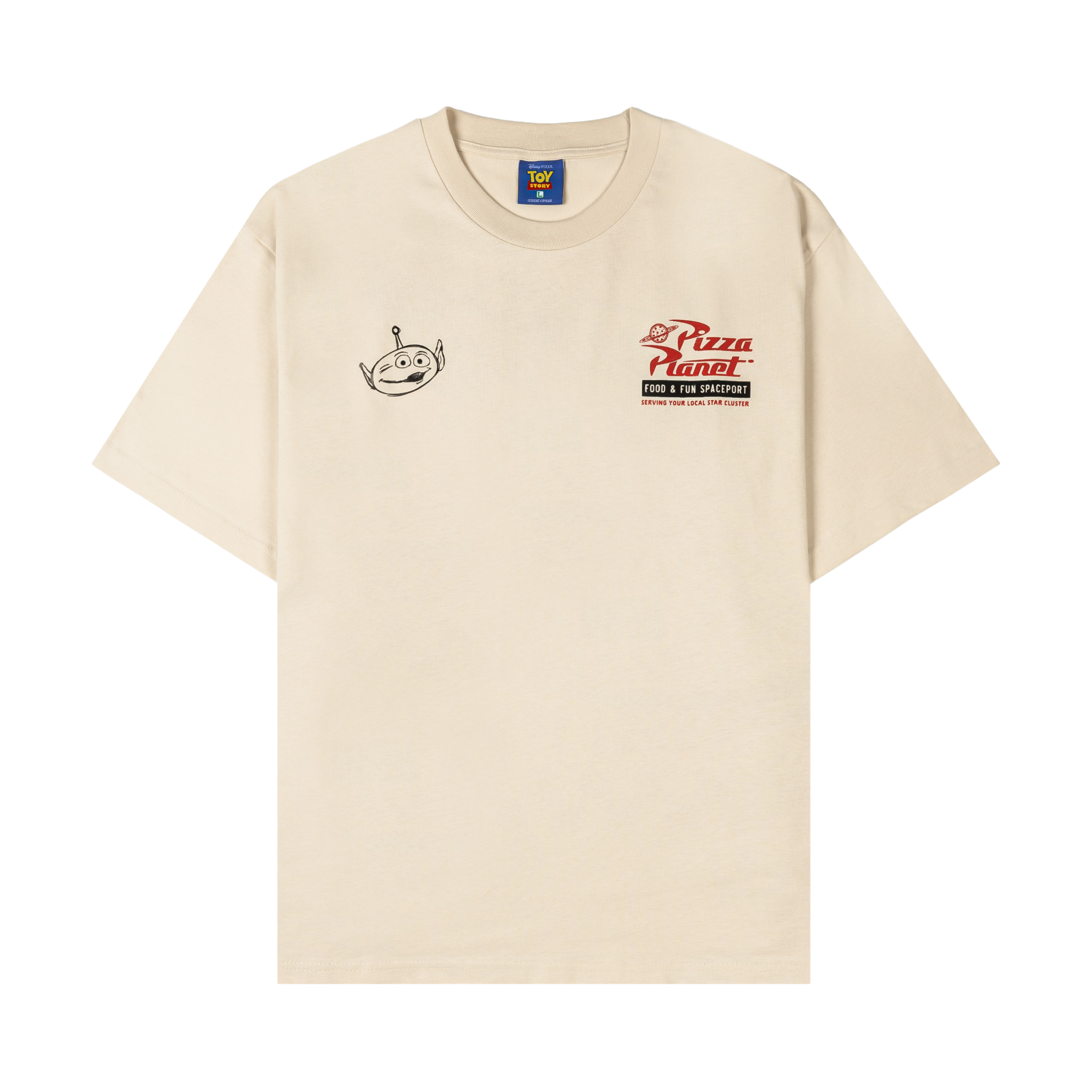 Beige t-shirt with logos on the front and back.