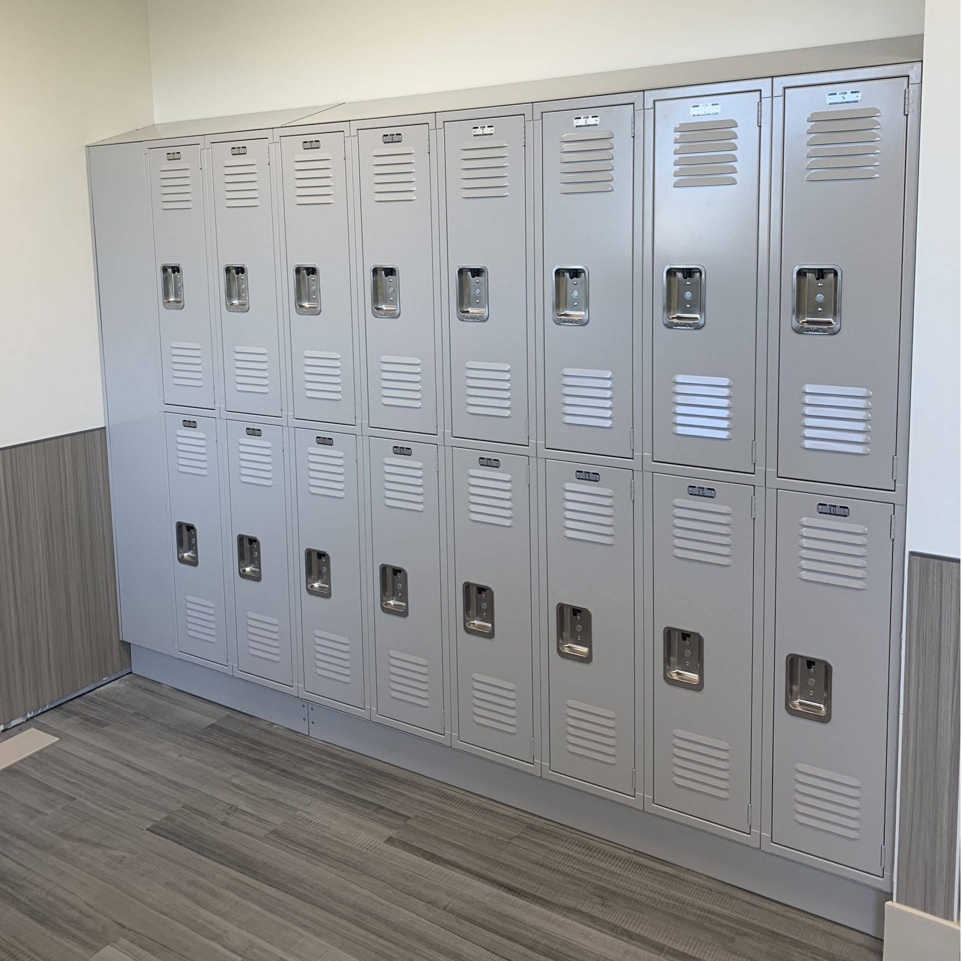 Lyon double-tier standard lockers for hospital use in a confined space.