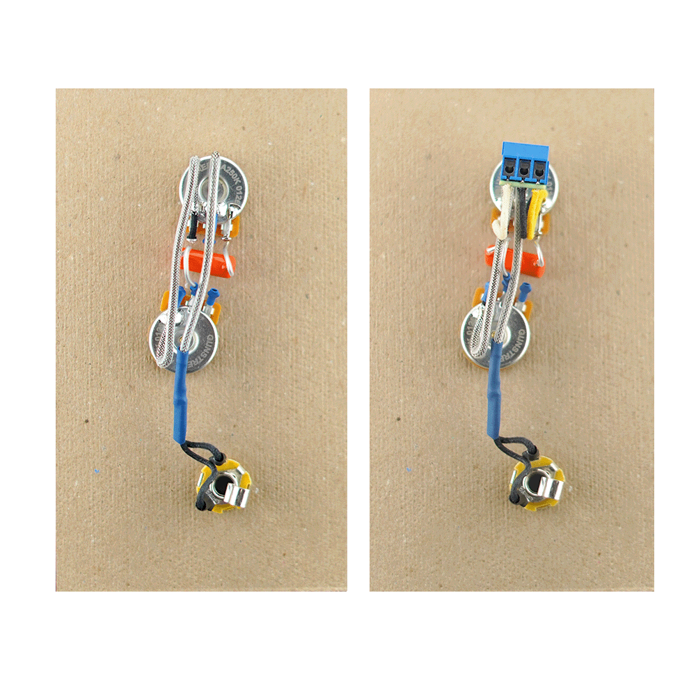 Two circuit board components on a light brown background, viewed from above.