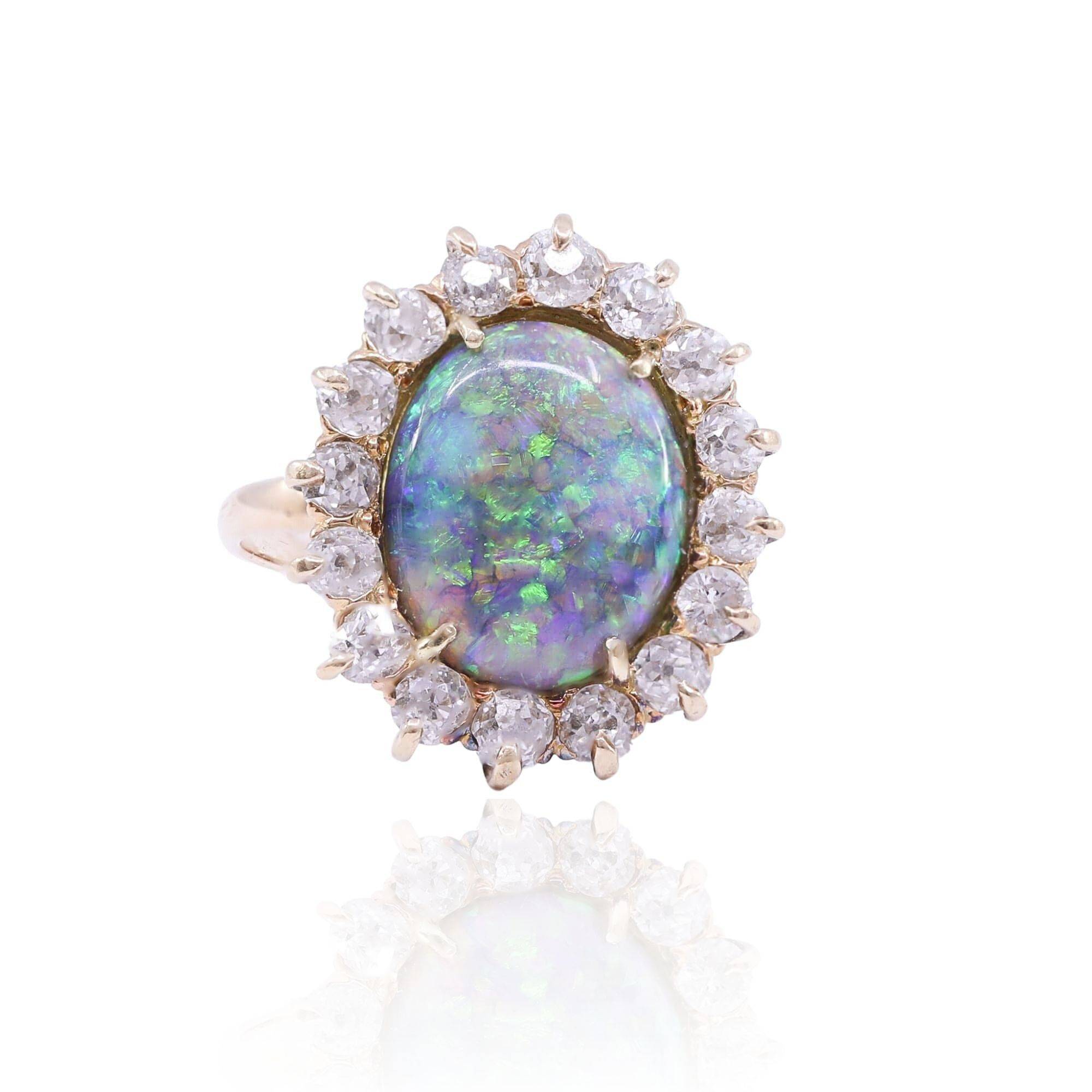 Edwardian black opal and diamond halo ring