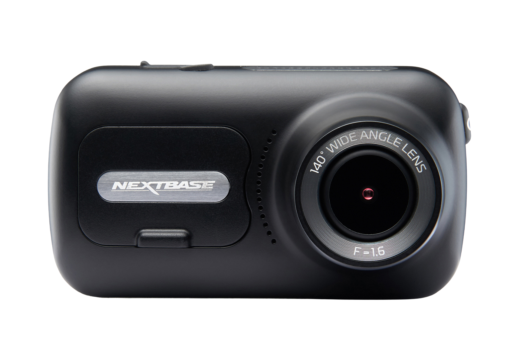 Black dashcam with a lens and logo on the front.