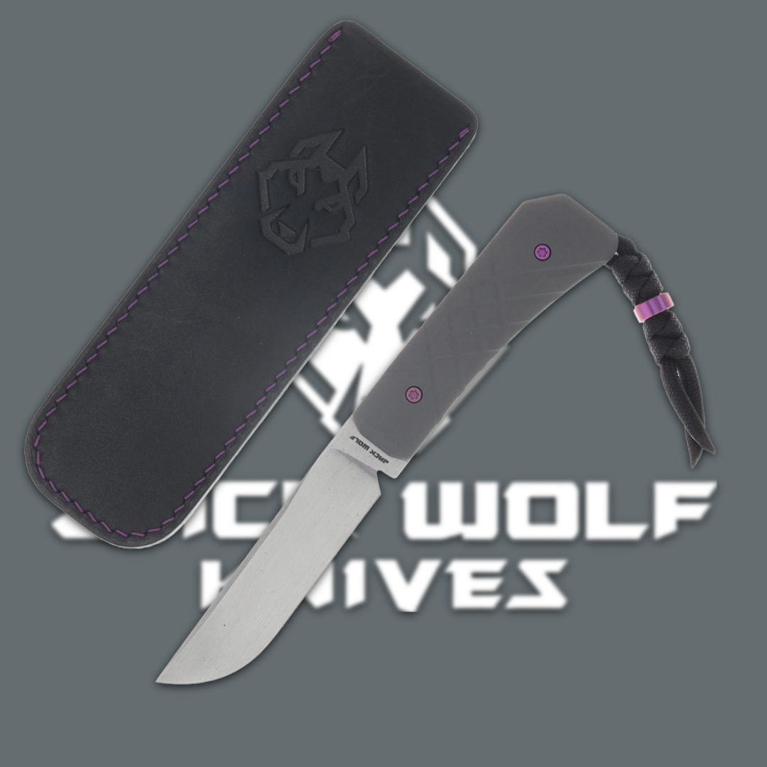 Folding knife with leather sheath and branding on a gray background.