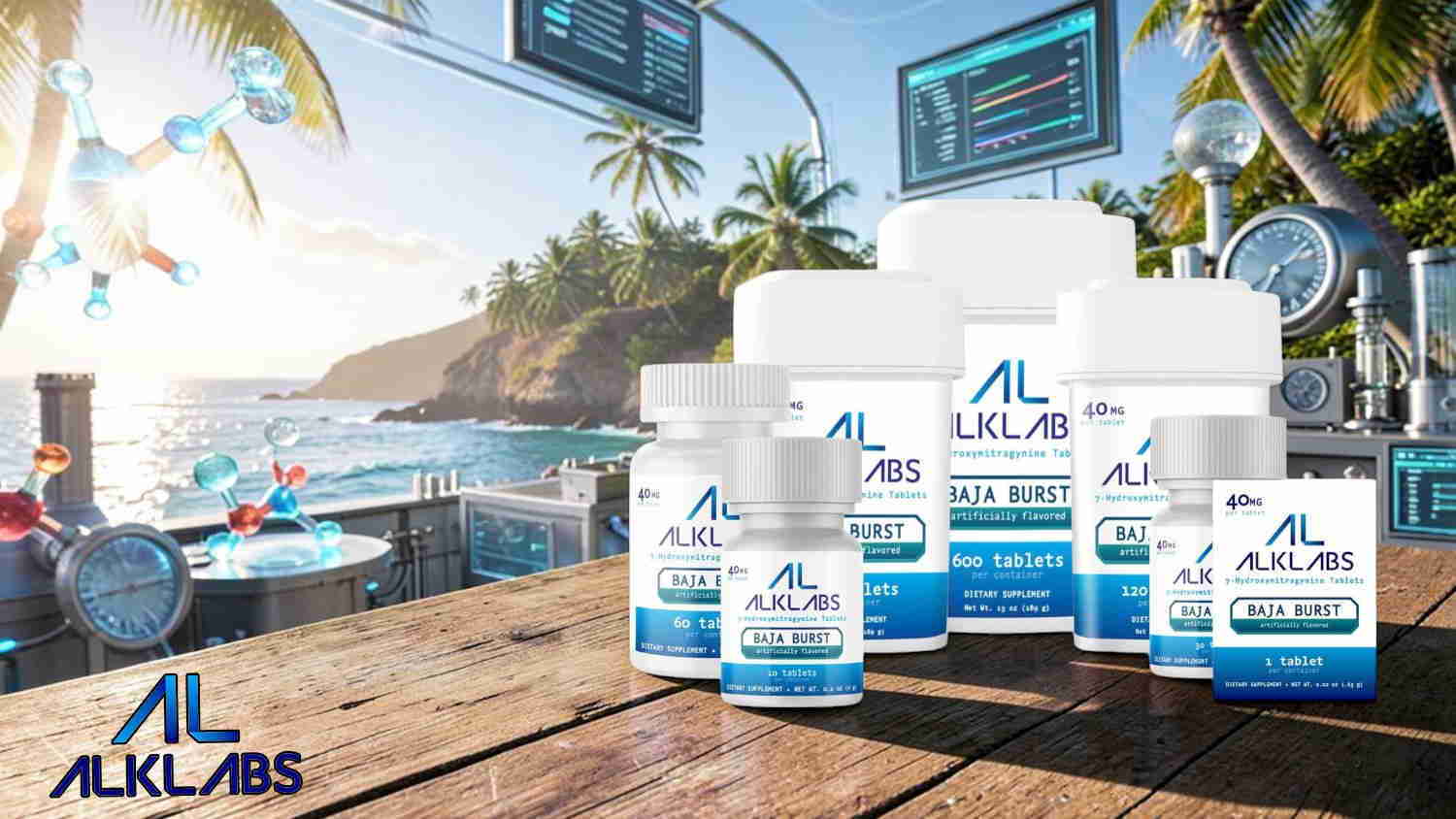 Products displayed on a table with a tropical background and digital screens.