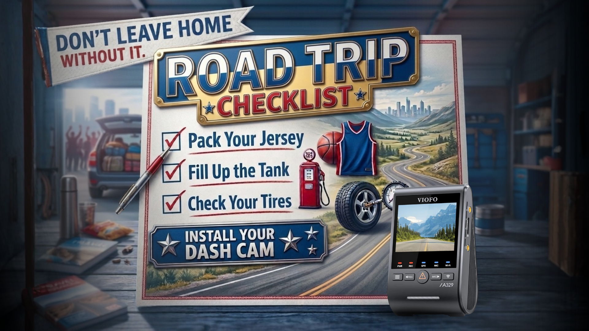 Road trip checklist: pack jersey, fill tank, check tires, install dash cam.
