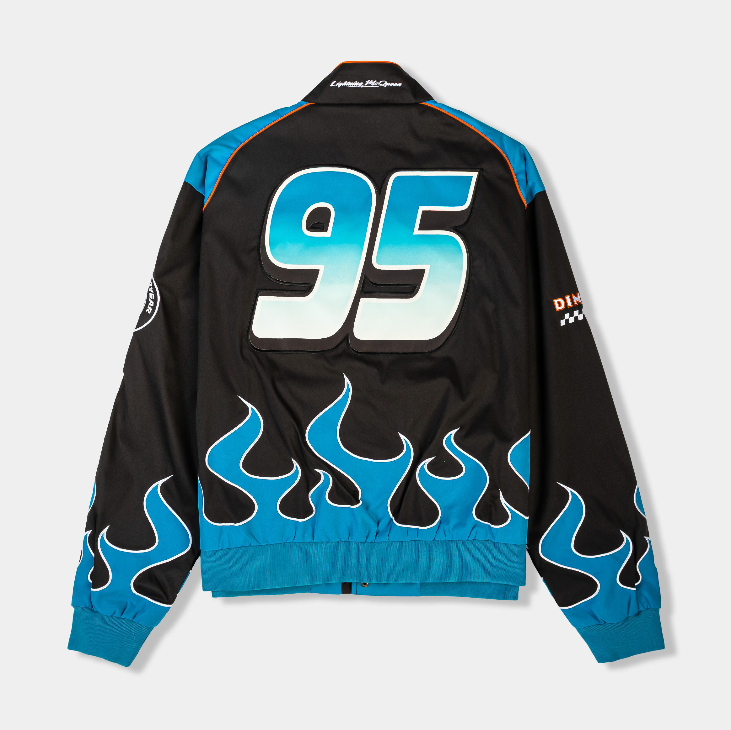 Dinoco-themed jacket with blue flames and racing logos.