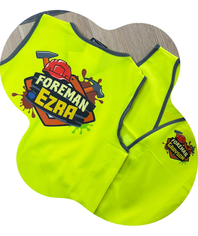 Two hi-vis yellow safety vests with a bold full-colour 