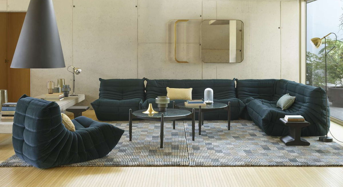 Modern Ligne Roset living room with a dark sofa, coffee table, and decorative elements.