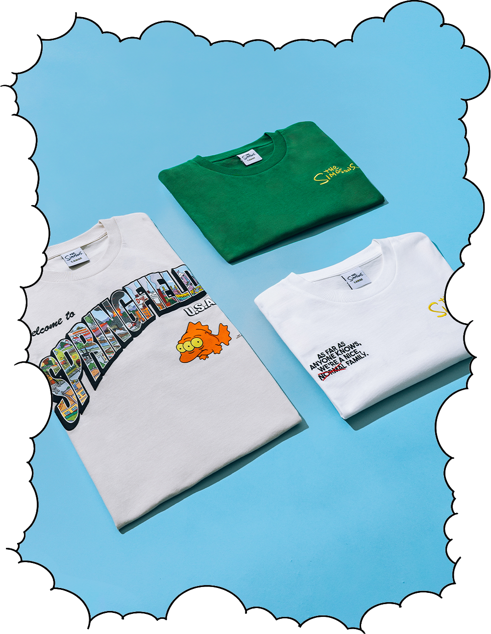 Three t-shirts displayed on a blue background, featuring various designs and colors.