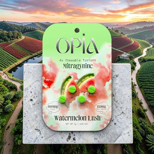 Opia watermelon twist sour gummies packaging against a scenic vineyard backdrop.