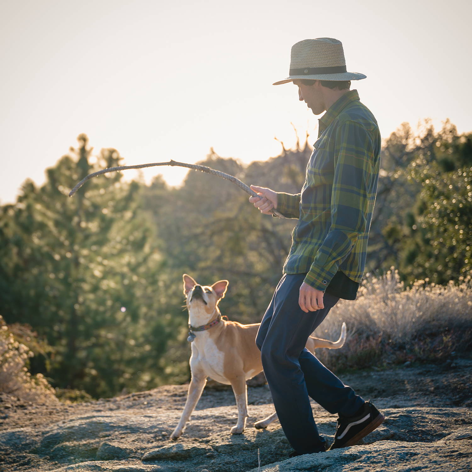 Man in Palmer hat in the mountains playing with a dog