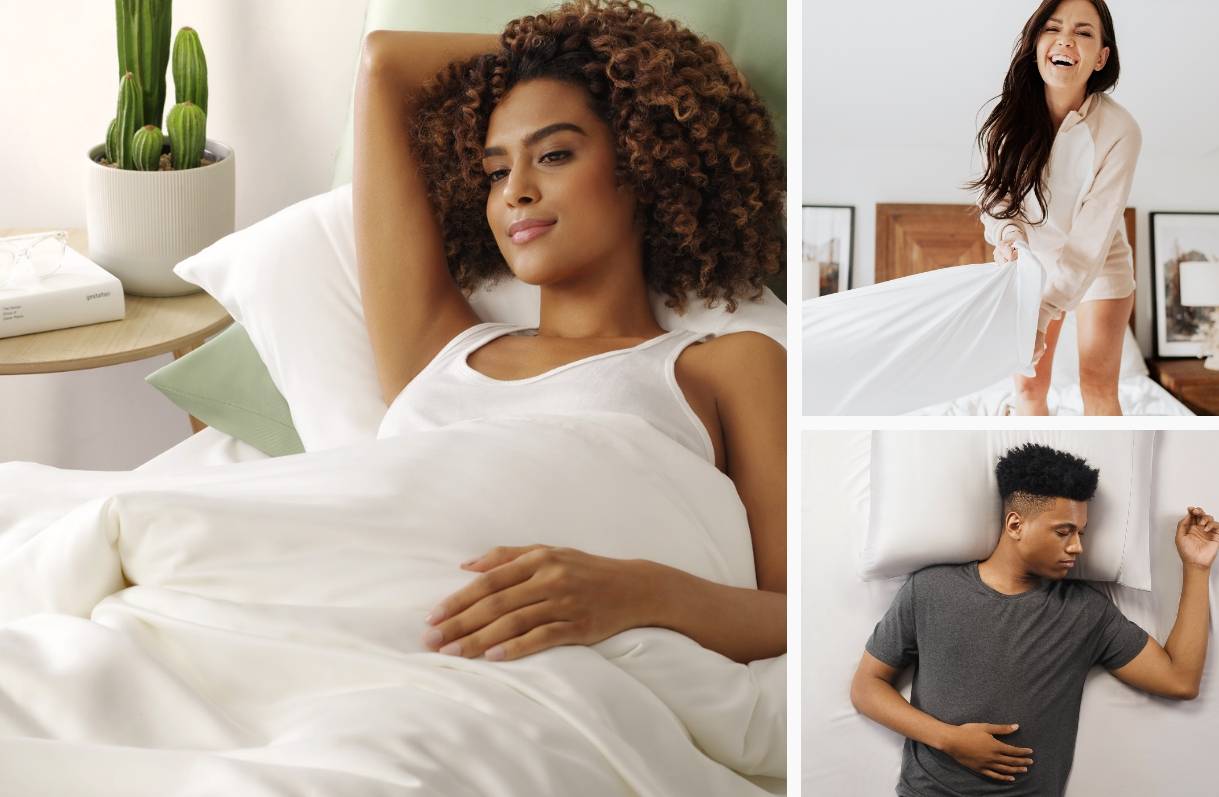 collage av människor som njuter av Cariloha sängkläder