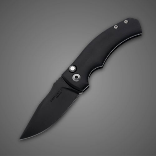 A sleek black folding knife on a gray background.