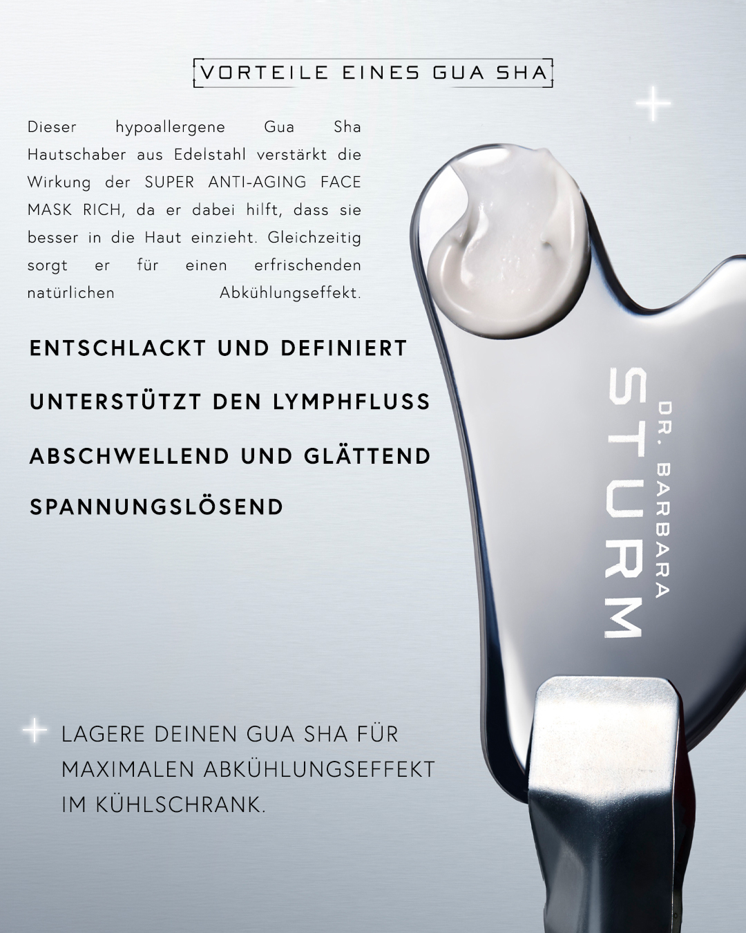 Gua Sha tool with benefits listed in German text.