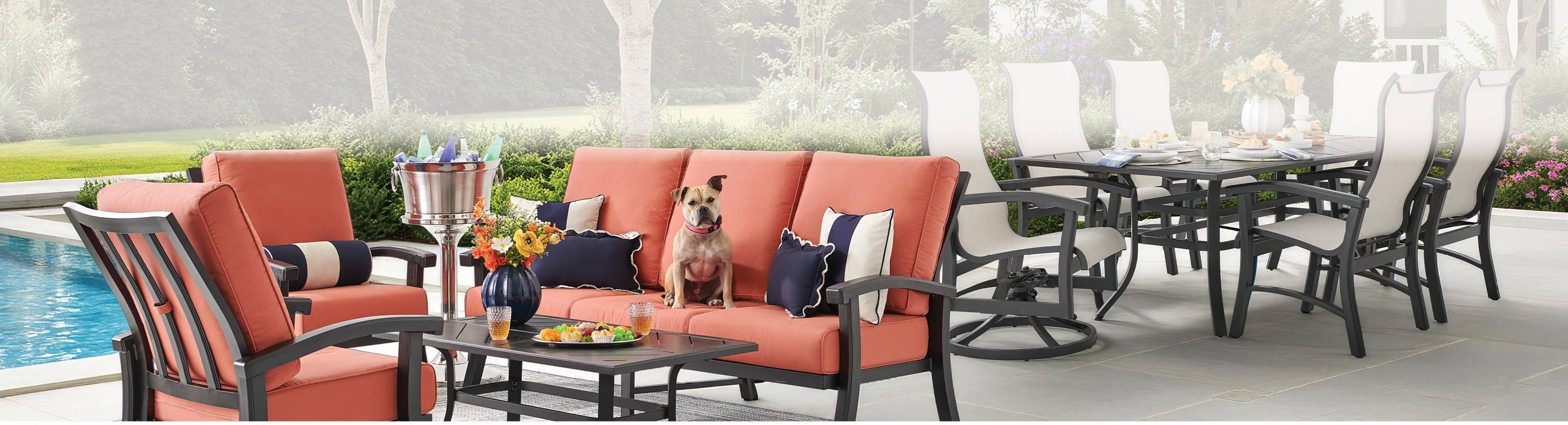 Outdoor patio furniture set by a poolside.