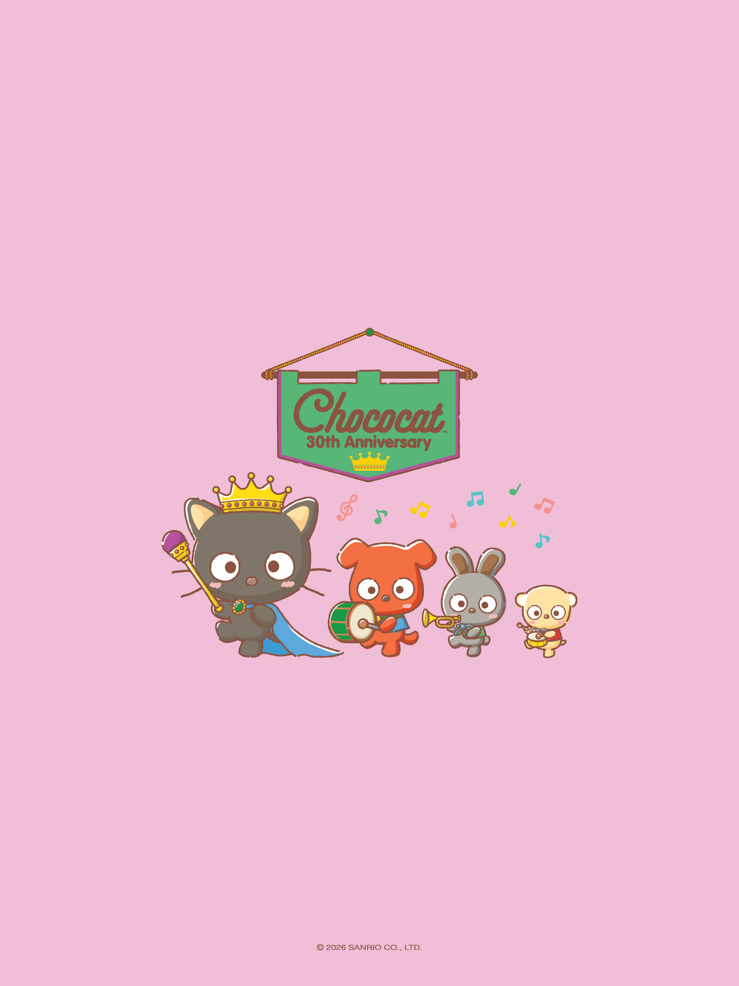 Four cute animal characters celebrating Chococat's anniversary against a pink background.