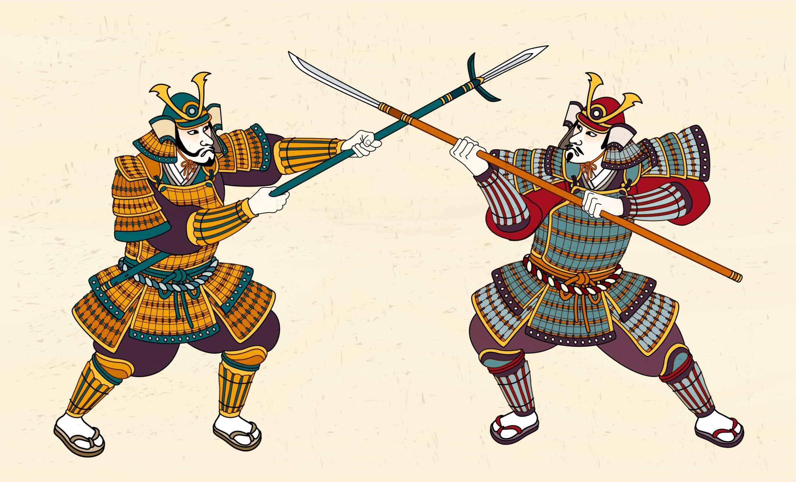 Two samurai fighting with each other with spears