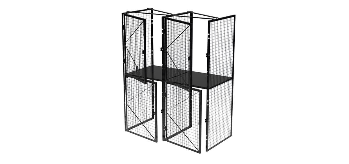 Wire display rack with three sections and a black shelf.