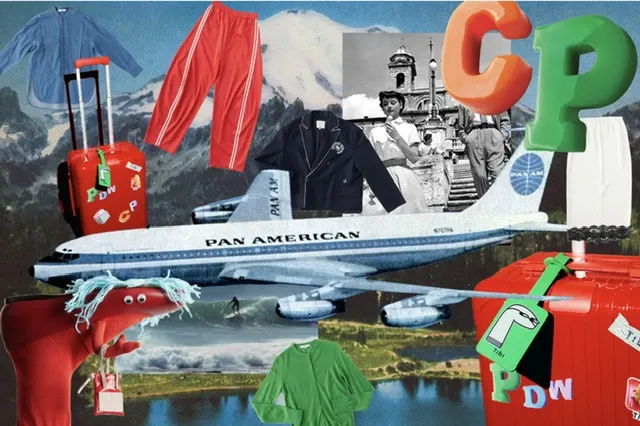Collage featuring an airplane, clothing, luggage, and scenic background elements.