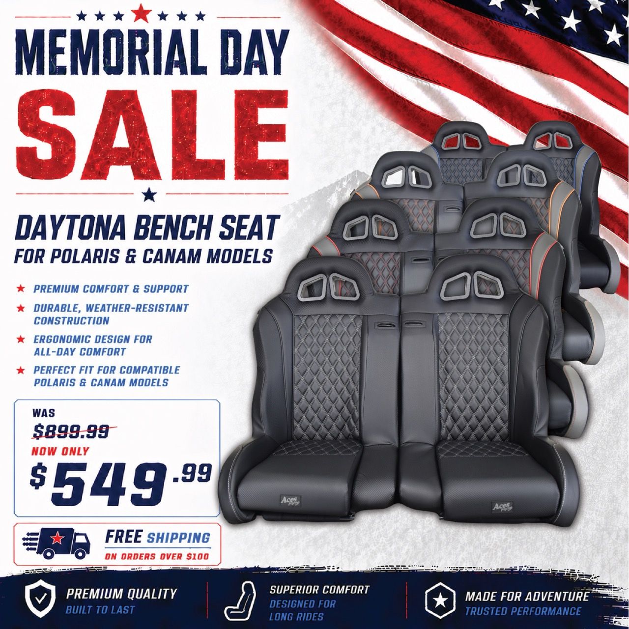 Memorial Day sale on Daytona bench seat for Polaris and Can-Am models.