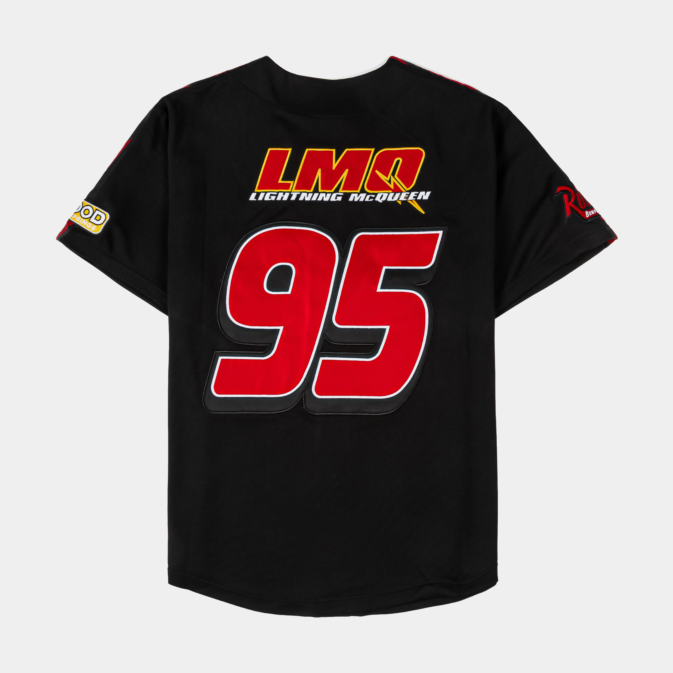 Black baseball jersey featuring colorful graphics and logo.