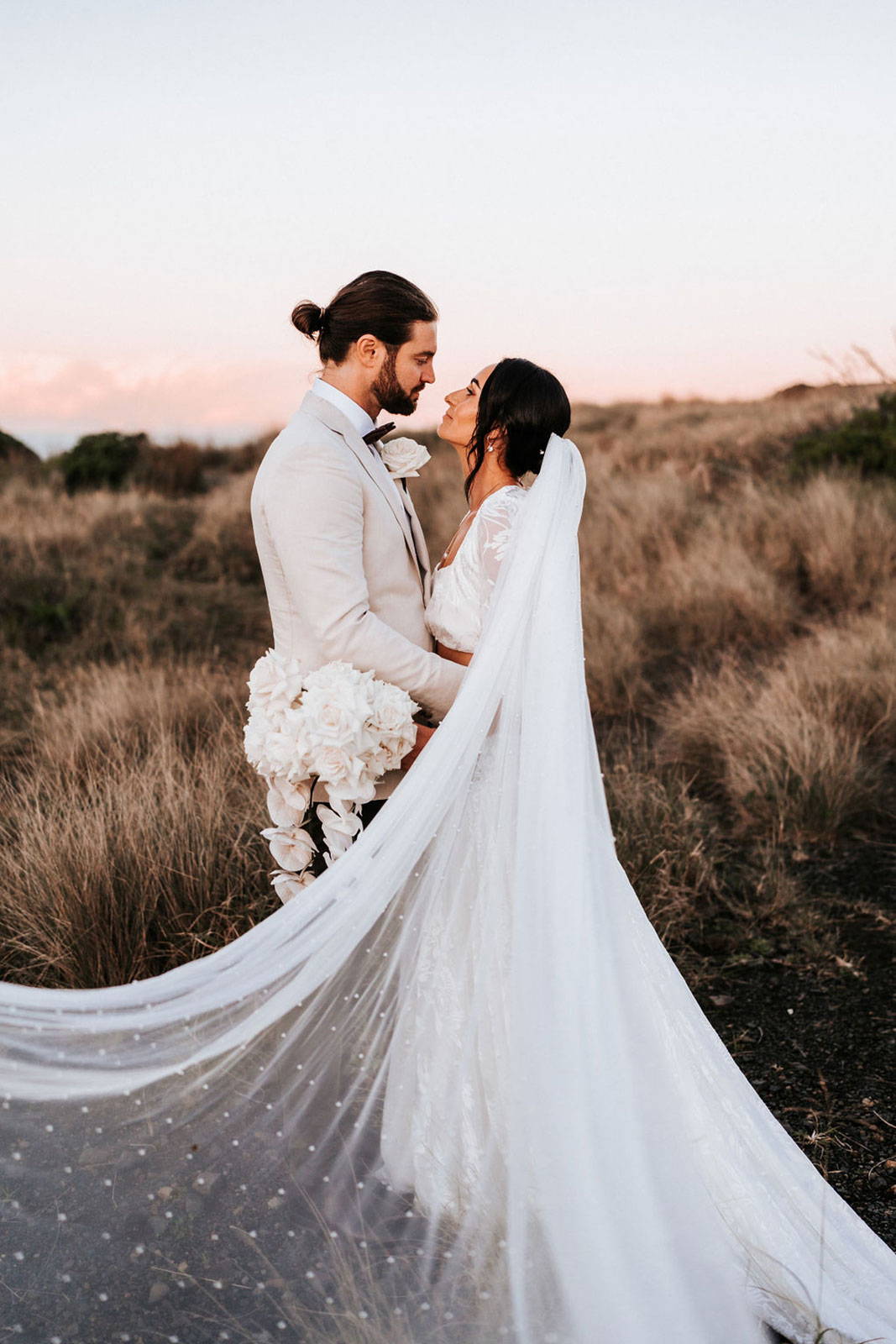 Bride in Pearly Long Veil with Gerringong hinterland in the background