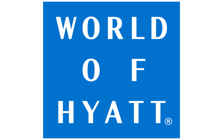 Logo for World of Hyatt program. Blue background with white text.