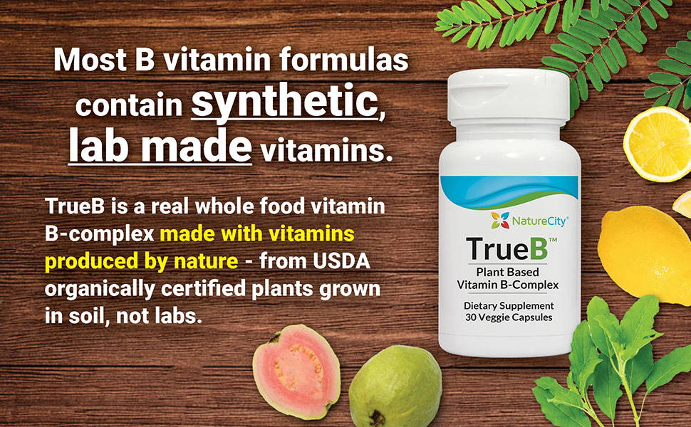 Most B vitamin formulas contain synthetic lab made vitamins. TrueB is a real whole food vitamin b-complex made with vitamins produced by nature - from USDA organically certified plants grown in soil, not labs.