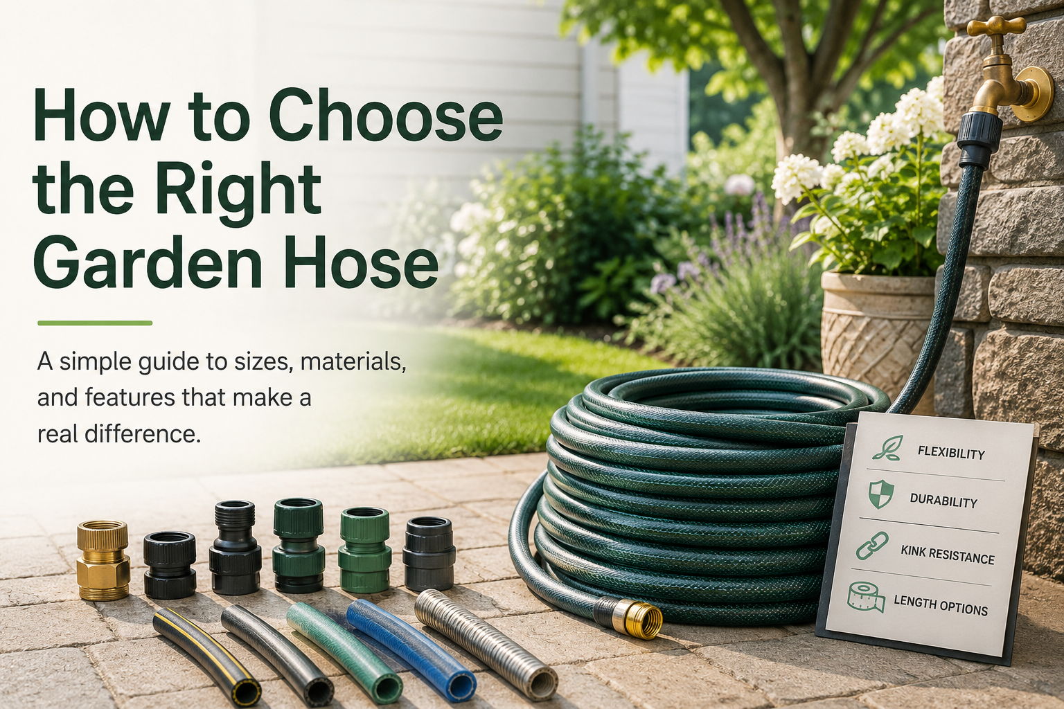 Guide to choosing the right garden hose with different hose types displayed.