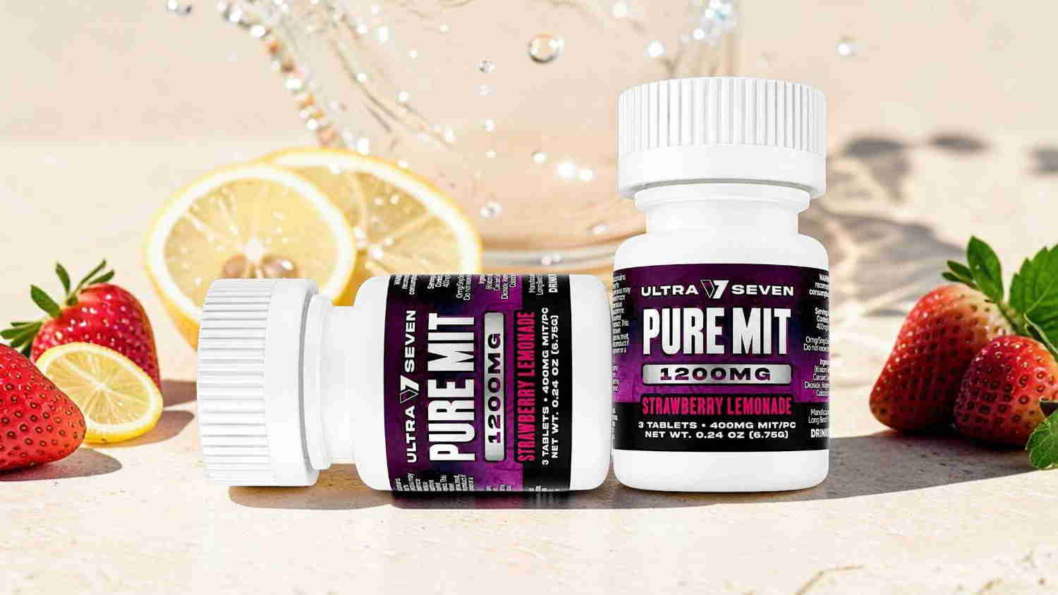Two bottles of Pure Mit with strawberries and lemon in the background.