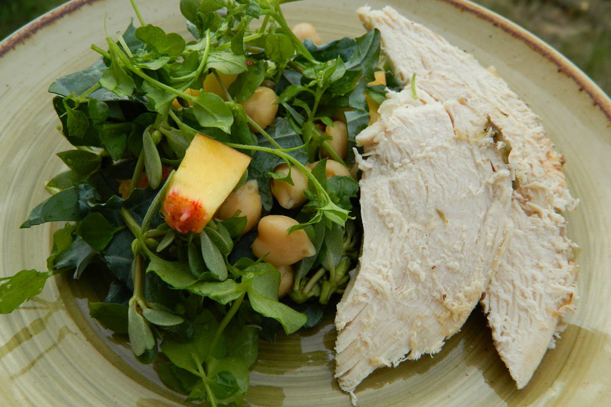 Chickweed salad with baked chicken