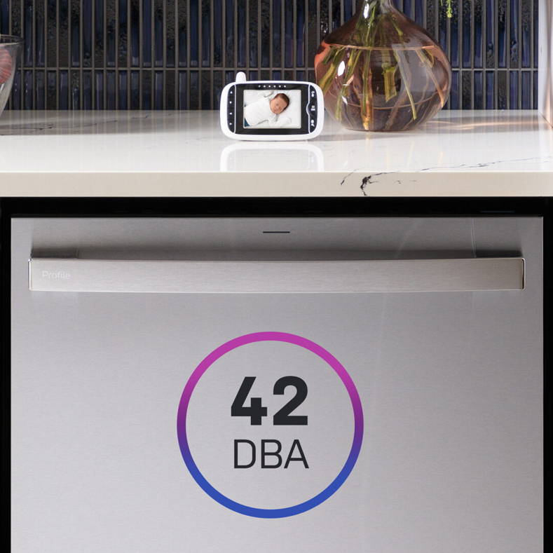 42 dba: baby monitor on the counter above the dishwasher