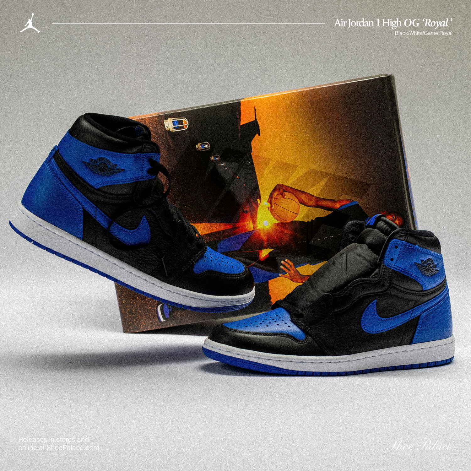 Blue and black Nike Air Jordan sneakers with packaging in the background.