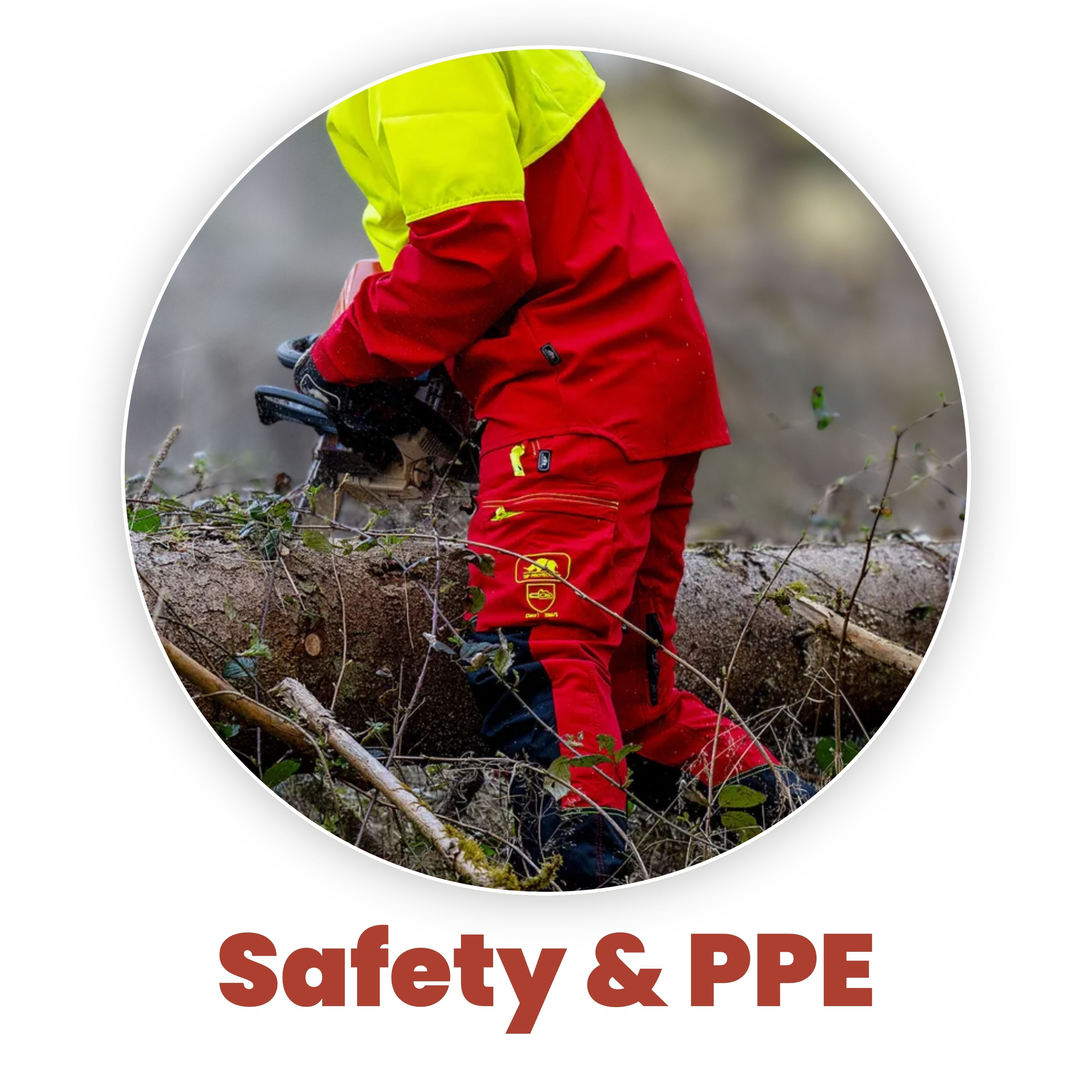 A person wearing safety gear in a forested area.