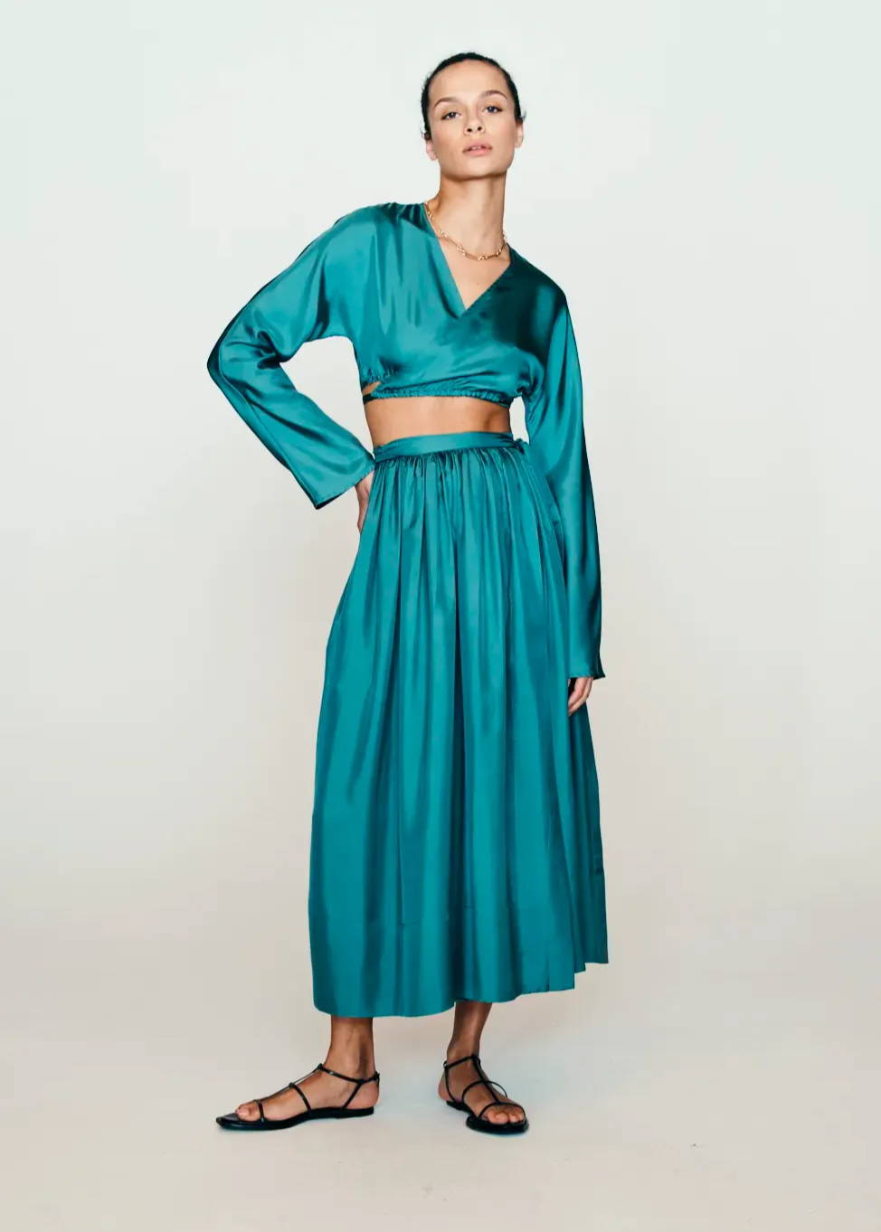 lake blue teal silk maxi skirt and lake blue teal silk wrap top 