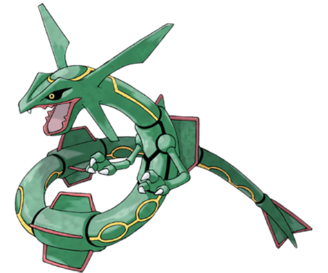 Rayquaza - every card, set and rarity - A green, serpentine dragon-like creature with large fins and a fierce expression.