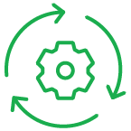 Green gear icon with circular arrows, symbolizing process or system optimization.