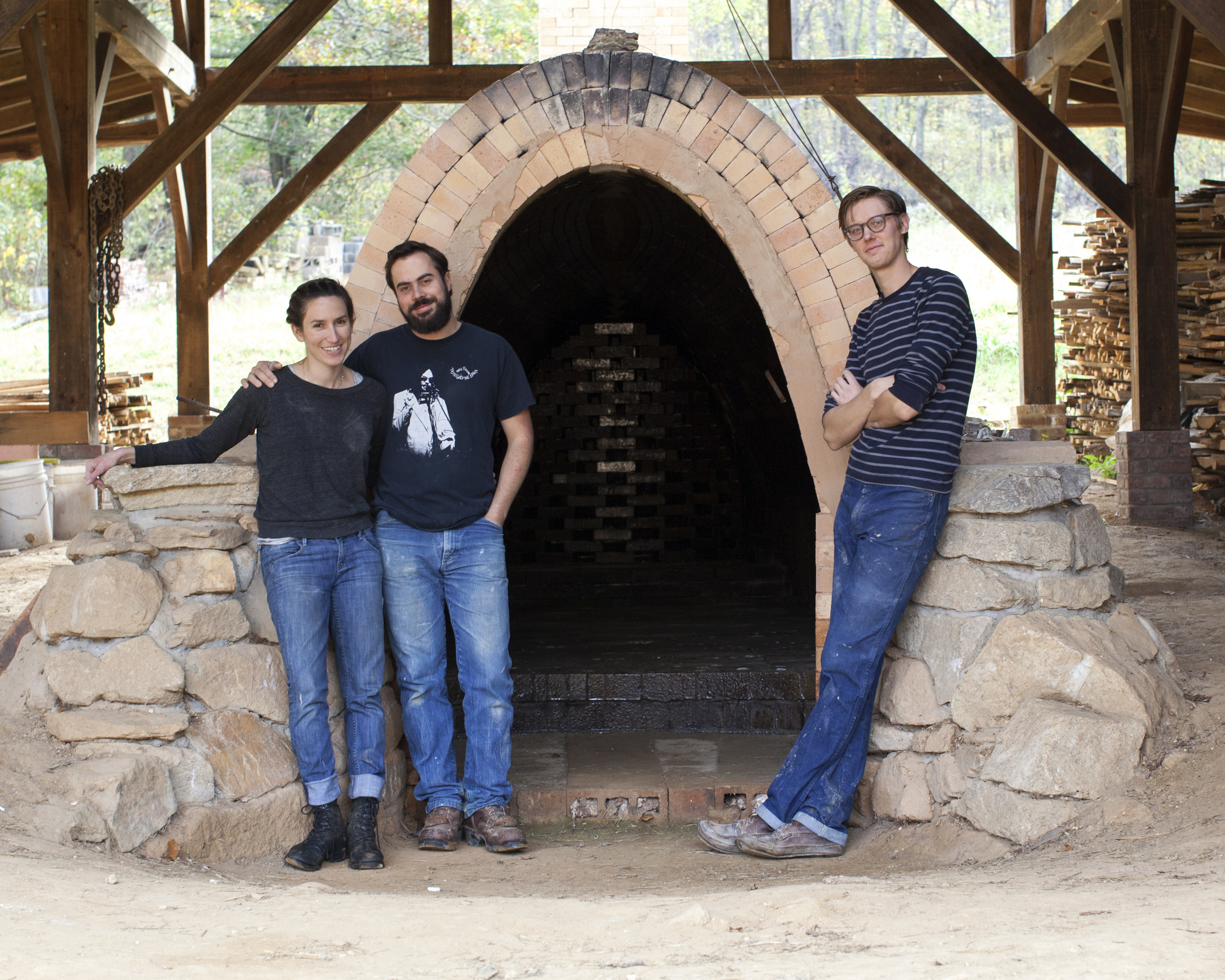 Connie, Alex and John outside the wood fired kiln.