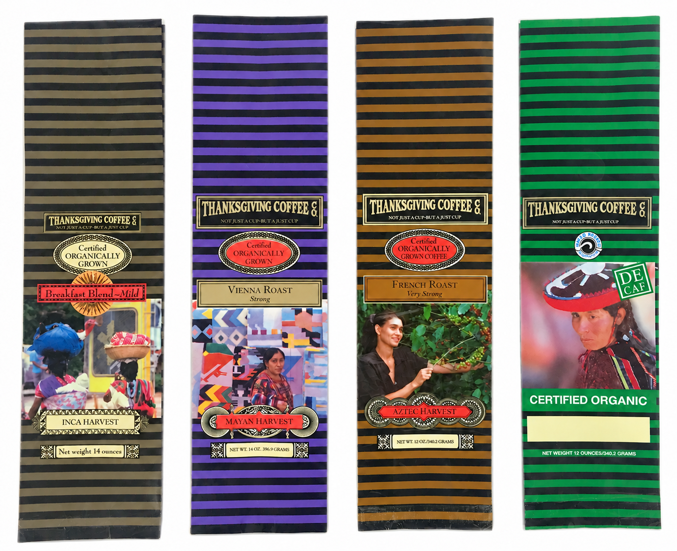 Four colorful coffee packaging designs with images and branding.