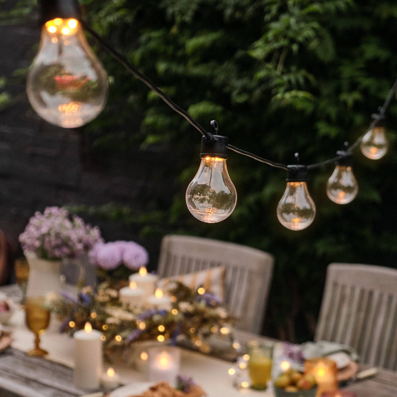 Warm white festoon lights on a black cable hanging over an alfresco dining setting.