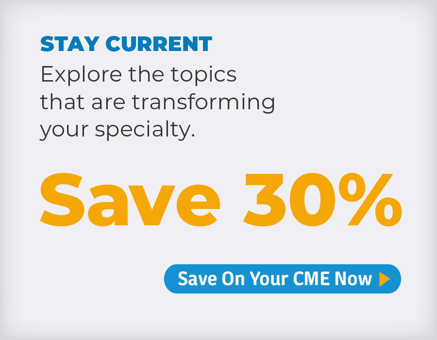 Promotional banner offering 30% off on continuing medical education topics.