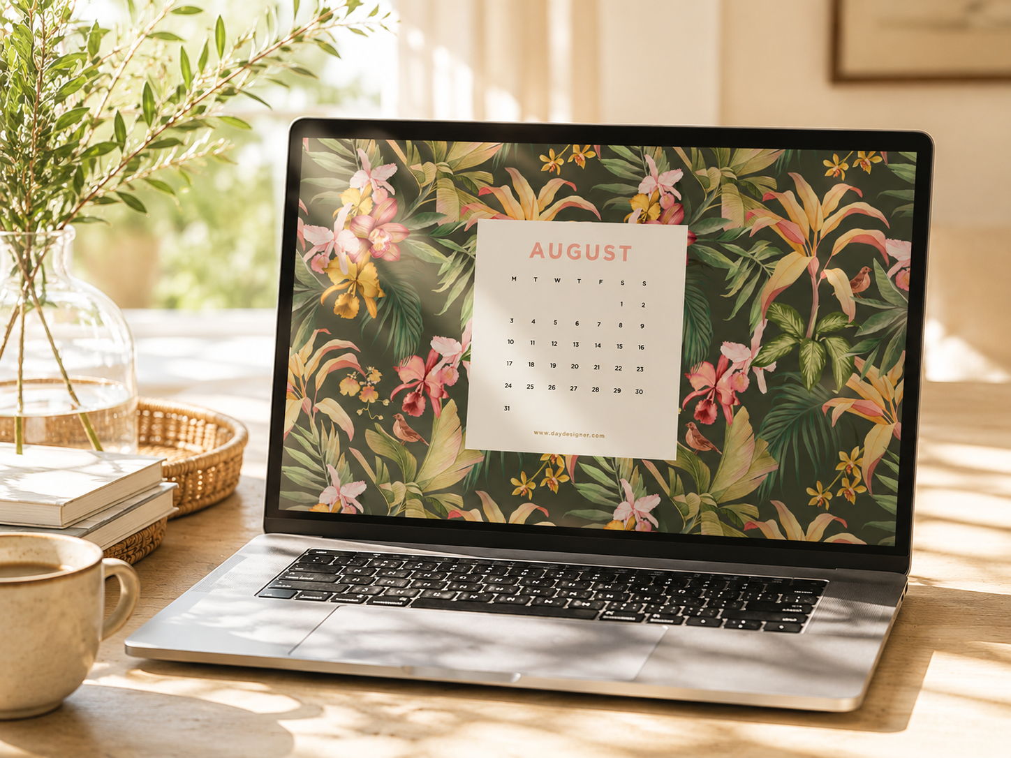 picture of august 2026 laptop with tropical background, table, vase with flowers, pen, coffee cup