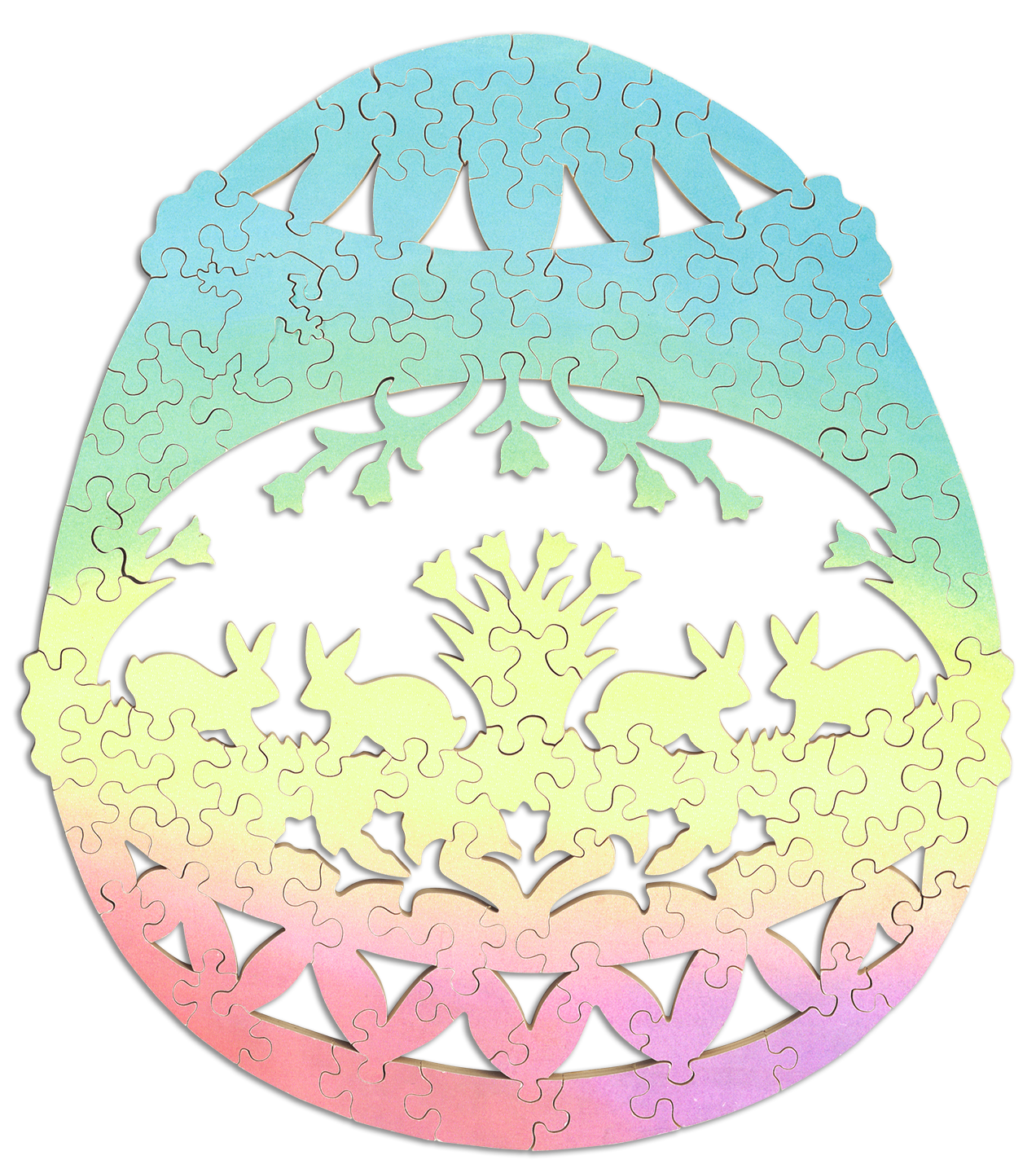 Pastel gradient Easter Egg shaped puzzle with negative space revealing bunny and flower design.