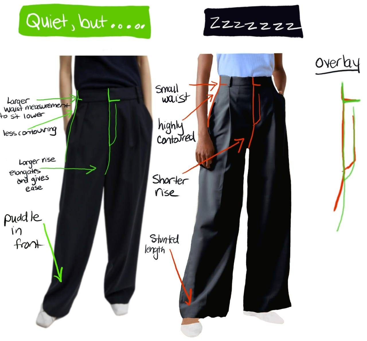 photo collage of tibi pants vs generic pants