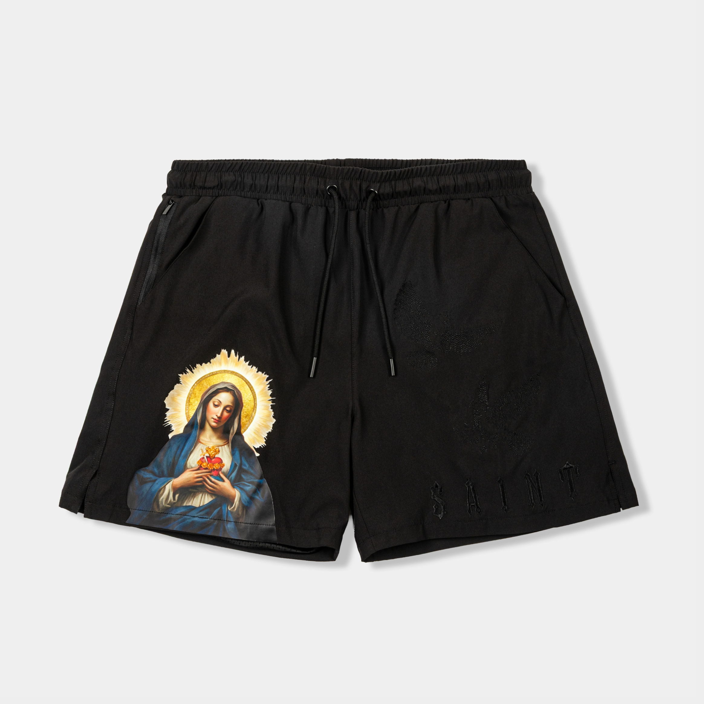 Black shorts with a religious image of a woman on the side.