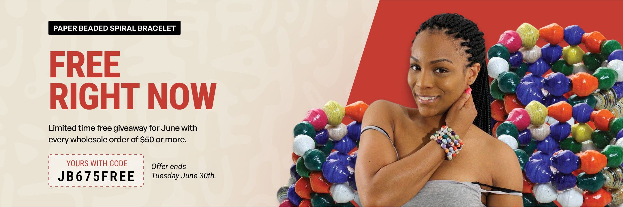 Woman smiling with colorful balls in the background, promoting a free offer.