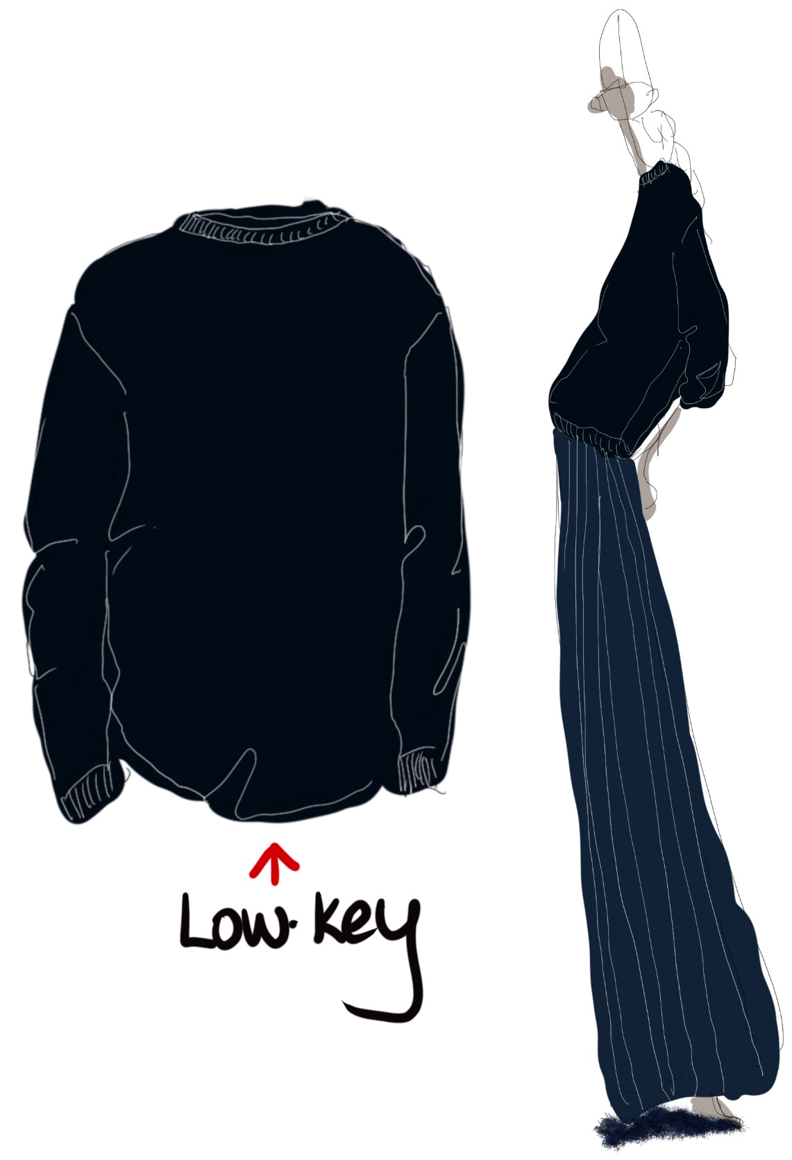 illustration of low key sweatshirt and woman wearing it