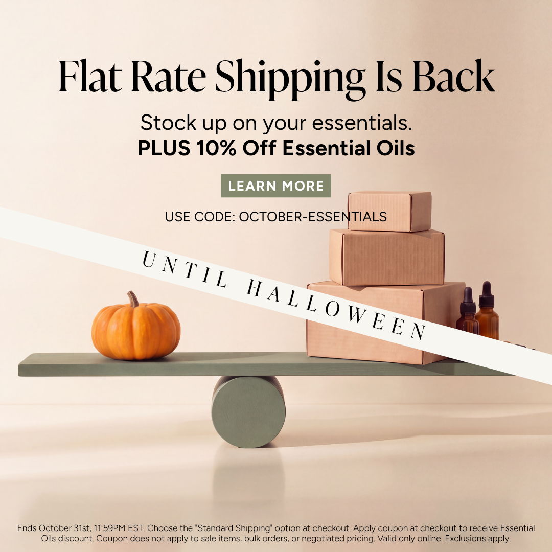 Flat rate shipping announcement with essential oils promotion and Halloween theme.