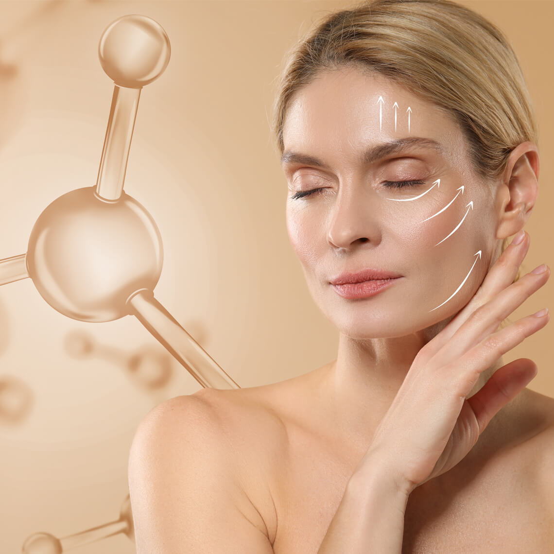 Woman with skincare product, facial lines, and molecular graphics in background.